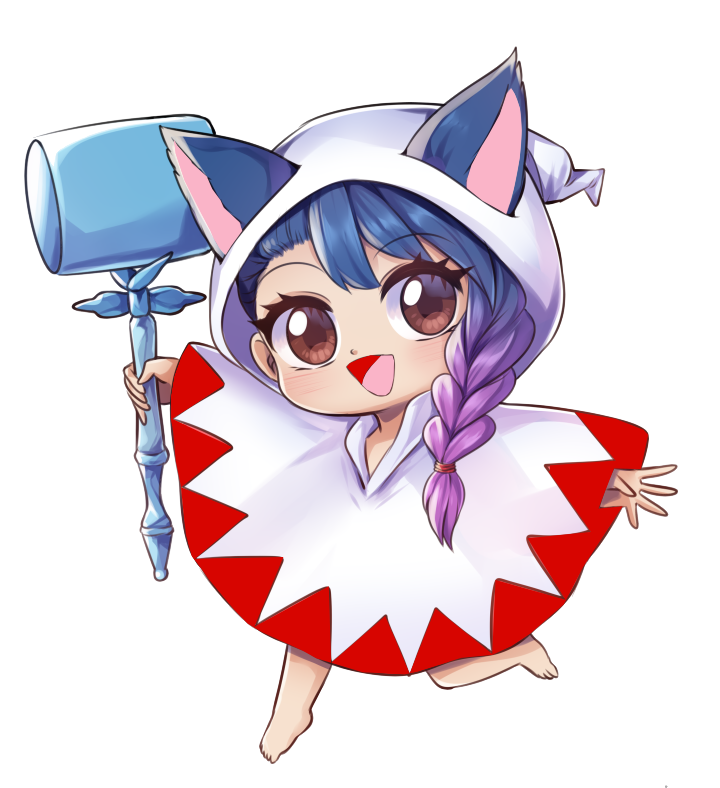 full body chibi white mage holding a light blue hammer